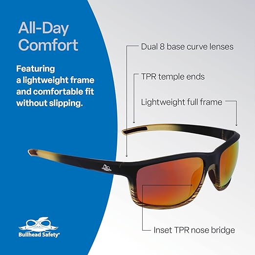Bullhead Safety Pompano Polarized Safety Glasses with Performance Fog Technology, ANSI Z87+, Blue Light with UV Light and Anti-Scratch Protection, Red Mirror Lenses with Tortoise/Black Frame