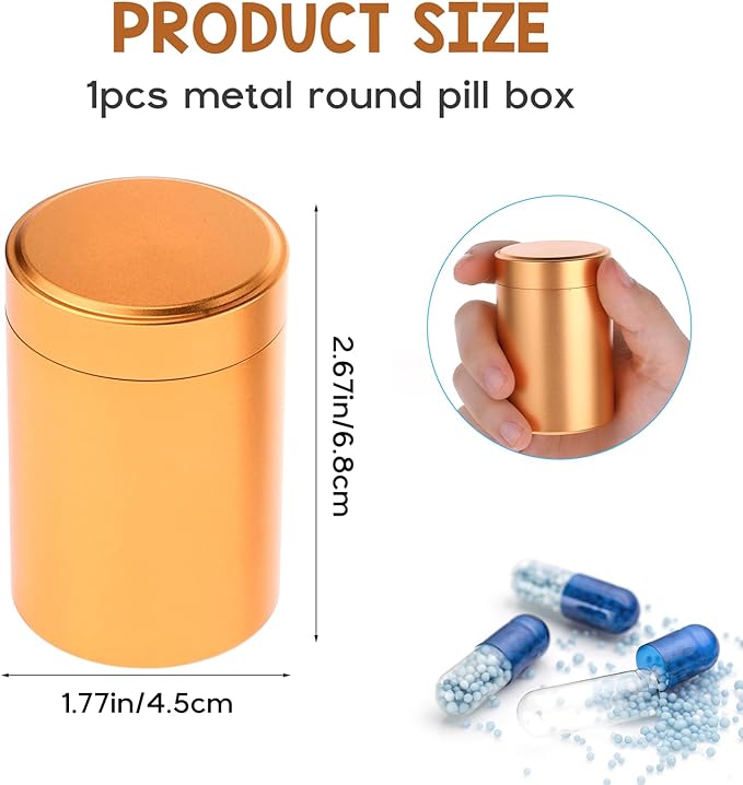 Portable Metal Small Pill Case, Round Aluminium Alloy Pill Holder Pocket Small Pill Box Waterproof Medicine Organizer Bottle Container for Travel Outdoor Vitamin Fish Oils(Gold)