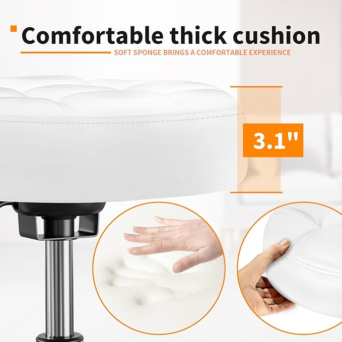 Rolling Stool PU Leather Round - Ultra Soft Padded Seat Cushion Stool with Wheels with Footrest, Weight Capacity 300lb,Adjustable Height Stool for Tattoo Massage Salon Medical Spa Center (White)