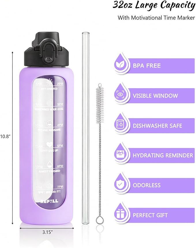 Nefeeko 32 oz Glass Water Bottles with Straw, Motivational Glass Water Bottle with Time Marker, 1 Liter BPA FREE Leakproof Reusable Glass Water Bottle with Silicone Sleeve, Bamboo Lid, Spout Lid