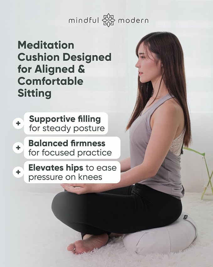 Mindful & Modern Large Meditation Cushion | Zafu Yoga Bolster Meditation Floor Pillow Seat | Buckwheat Hull Filled Crescent Shaped Cushion with Removable Washable Cover + Carry Handle | White