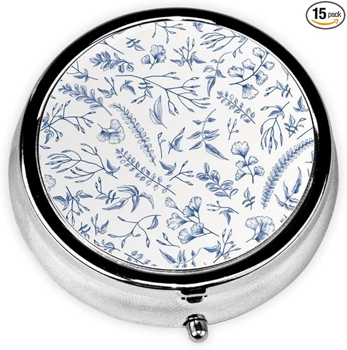 Pill Box 3 Compartment Pocket Cute Small Pill Organizer Mini Metal Pill Holder Travel Portable for Woman Old People and Kids - Vintage Blue Flower