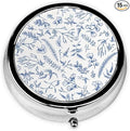 Pill Box 3 Compartment Pocket Cute Small Pill Organizer Mini Metal Pill Holder Travel Portable for Woman Old People and Kids - Vintage Blue Flower
