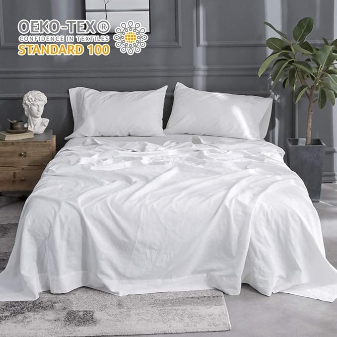 Simple&Opulence Belgian Linen Sheet Set Solid Color - Sheet Set 4PC - Cal King Natural Flax Cotton Blend Soft Bedding Breathable Farmhouse - White, California King