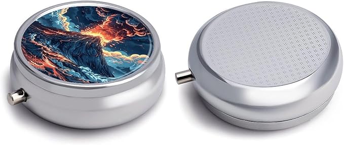 Depicts A Volcano Pill Box Travel Pill Case for Purse Pocket Weekly Medicine Organizer with Mirror 3 Compartment Round Medicine Case Portable PillcaseHolder for Daily