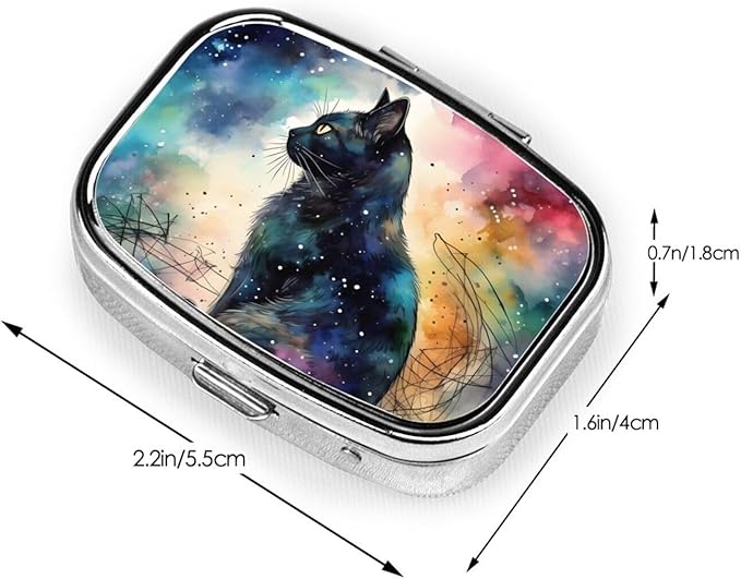 Art Black Cat Pill Box with Mirror 2 Compartment Metal Square Small Pill Case for Purse Pocket Portable Pill Container Holder Travel Medicine Organizer for Vitamin Fish Oil Supplement
