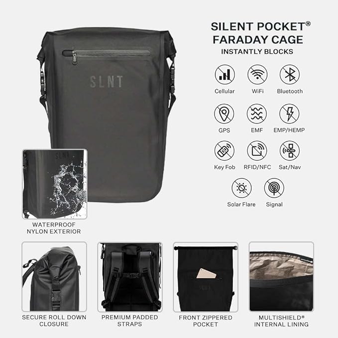 Silent Pocket SLNT Faraday Waterproof Backpack Signal Blocking Dry Bag Protects Against Identity Theft for Work, Travel, Hiking - Blocks RFID, WiFi, Bluetooth, NFC, Cellular, GPS, EMF