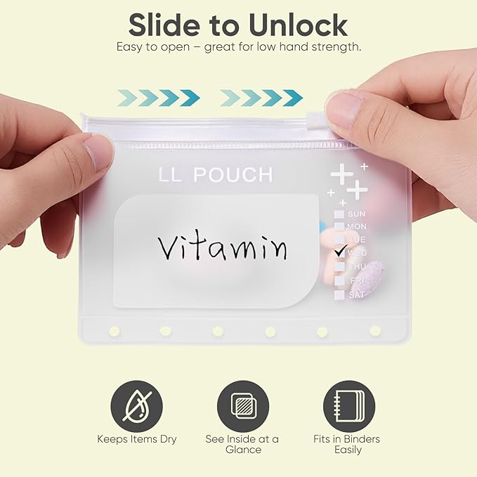 Lerine 7 Reusable Pill Pouch Bags, Zippered Pill Pouch Set, Travel Medicine Organizer with Write on Label, BPA Free Self Sealing Bags with Slide Lock, Ring Binder for Daily Vitamin, Supplement Storage