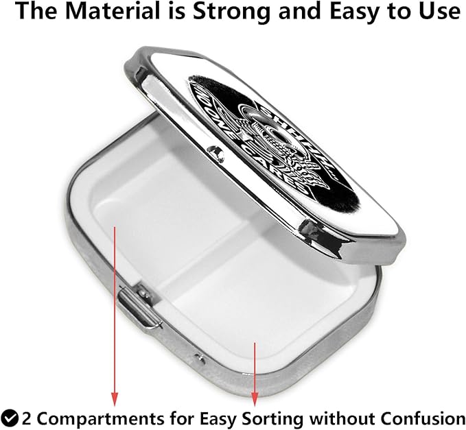 ABLESKY Pill Box, 2 Compartment Pill Organizer Case for Pocket or Purse, Small Portable Metal Travel Medicine Box with Mirror, Daily Vitamins Fish Oil Container-Funny Skull No One Cares