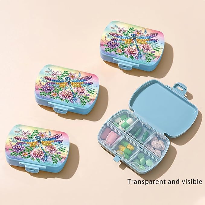 C'eitura DIY Dragonfly Diamond Art Painting Blue Pill Organizer with 6 Lid Detachable Compartments, Fun DIY Craft Project for Adults, Elegant Pill Case for Purse & Travel