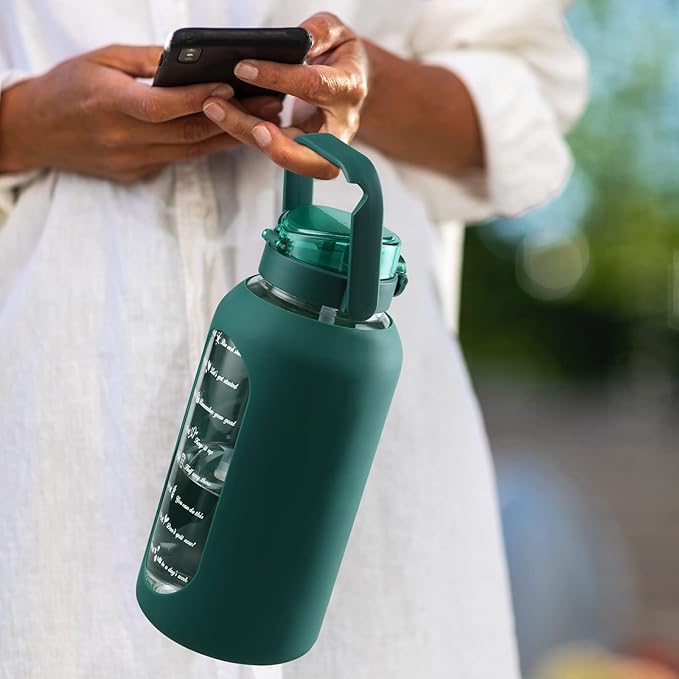 Glass Water Bottle with Straw and Handle Lid Half Gallon Motivational Glass Bottle with Silicone Sleeve and Time Marker Large Reusable Sports Water Jug for Gym Home Workout