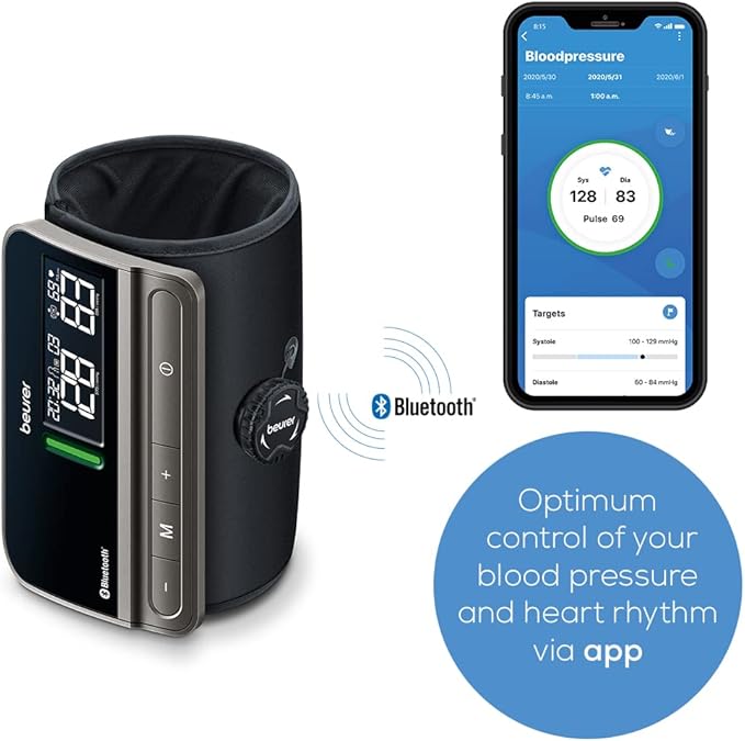 Beurer BM81 easyLock Automatic Upper Arm Blood Pressure Monitor, Smart Cuff Without Cables for Fast Measurement, Data Transfer to Apple Health and co, Bluetooth, 240 Memory Sets