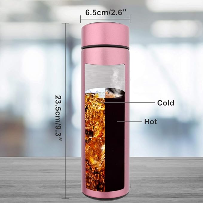 QiCheng&LYS Coffee Cup,Tea Infuser Bottle,Smart Sports Water Bottle with LED Temperature Display,17 OZ Vacuum-Insulated Stainless-Steel Water Bottle (Pink)