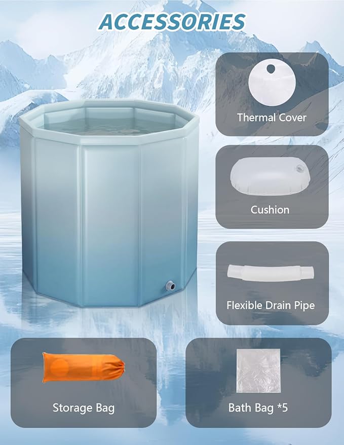 Portable Bathtub for Adults, Collapsible Freestanding Bathtub for Shower, Hot Ice Bath Tubs with Thickened Thermal Foam to Keep Temperature, PVC Outdoor Soaking Tub (Gradient Blue)