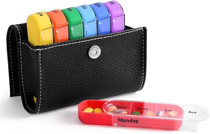 Weekly Pill Organizer Box Case Travel Medication Reminder Daily AM PM, Day Night 7 Compartments in Leather Carrying Case