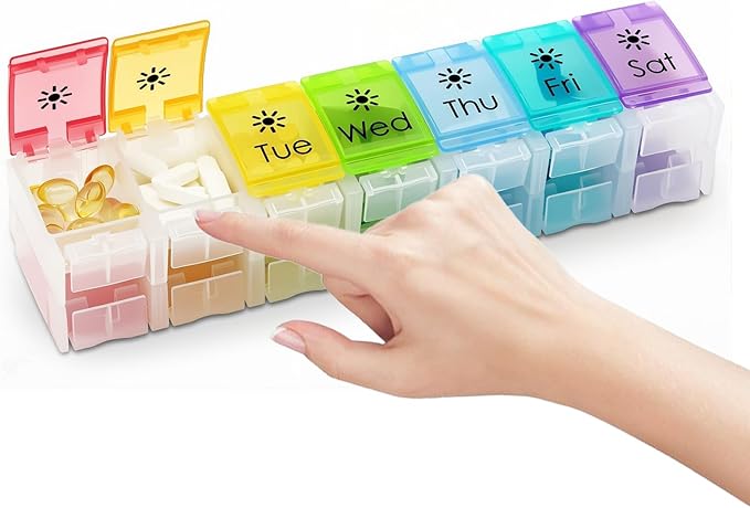 XL Large AM/PM Weekly Pill Organizer Arthritis Friendly, 2 Times a Day Pill Box with Spring Open Design, 7 Day Vitamin Case with Push Button Compartments (Clear)