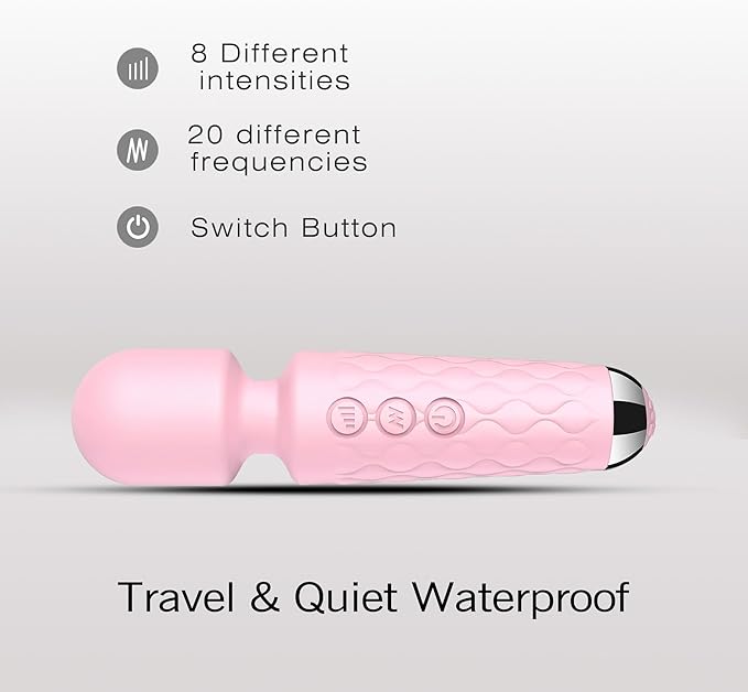Personal Massage Wand - 20 Modes 8 Speeds Cordless Vibration Massager, Strong Powerful Waterproof Perfect for Travel, Magic Stress Away, Body Back Legs Hand Pains Sports Recovery (Pink)