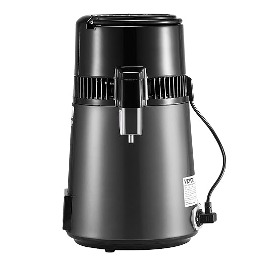 VEVOR 1750W Water Distiller, 0.4Gal/H Distilled Water Maker with Glass Carafe, 4L/1.1Gal Countertop Distiller Machine, 0-99H Time Temp Dual Display, Anti-Dry Design 304 Stainless Steel Still, Grey