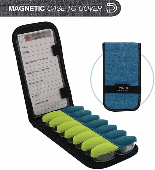 Lewis N. Clark Magnetic Folding Pill Organizer Supplement Case for OTC Medicine, Prescription Vitamins-14 Slots, Turquoise