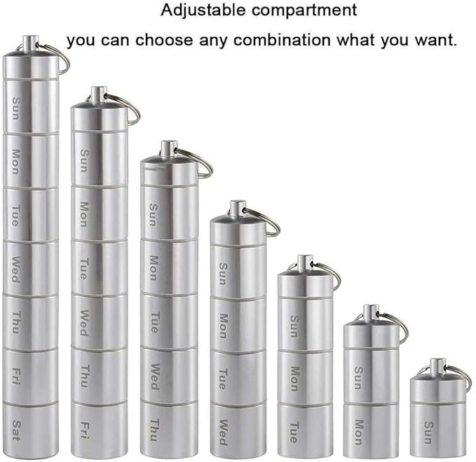 Metal Pill Box 7 Day,Aluminum Alloy Organizer Pill Case,Travel Pill Box Small Container,Waterproof Emergency Medicine Case,7 Stackable Compartments of Mini Pill Box for Outdoor,Adventure,Camping