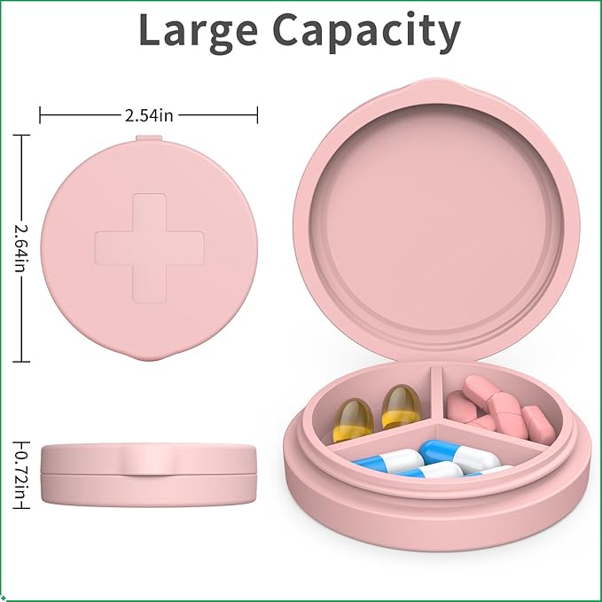 2 Pack Small Pill Box,Premium Thick Silicone 3 Compartment Travel Pill Box for Home/Desk Organizer, Portable Compact Medicine Holder for Vitamin, Cod Liver Oil, Supplement(Red+Pink)