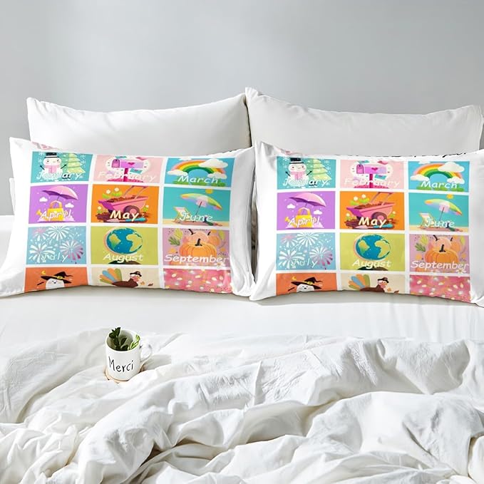 Feelyou Kids Educational Bedding Set Full Size, Months Bed Sheet Set Boys Girls Learning Fitted Sheet Kindergarten Teens Bedroom Decor Lightweight Bed Set (No Flat Sheet)