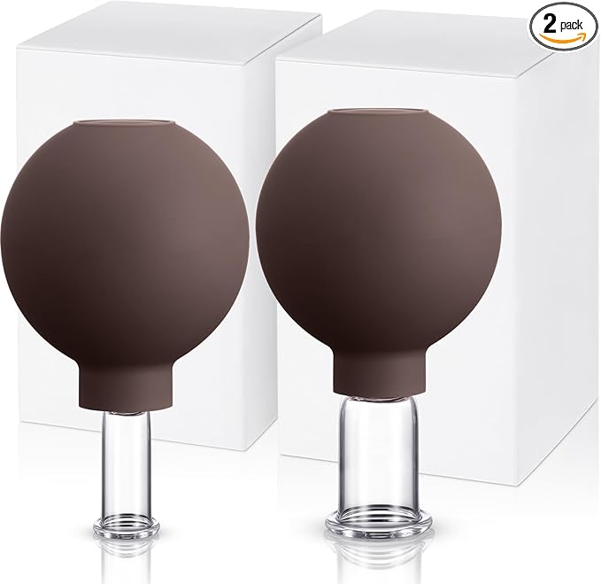 Nuanchu 2 Pieces Glass Cupping Set, Facial Cupping Cups Glass Silicone Cups Vacuum Suction for Face Skin Back Shoulder Muscle(1 Inch and 0.65 Inch Diameter,Brown)