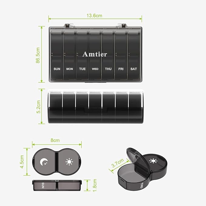 Daily Pill Organizer for Women and Men with 7 Compartments, Large Capacity, Water Resistant, Leakproof, Durable, Easy to Carry (Black)
