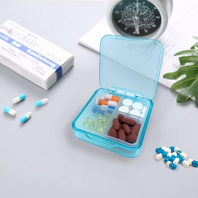 Pill Case for Pocket Travel Pill Organizer Small Pill Box Portable 4 Compartments Removable Medicine Organizer for Vitamin Fish Oil (Sky Blue)