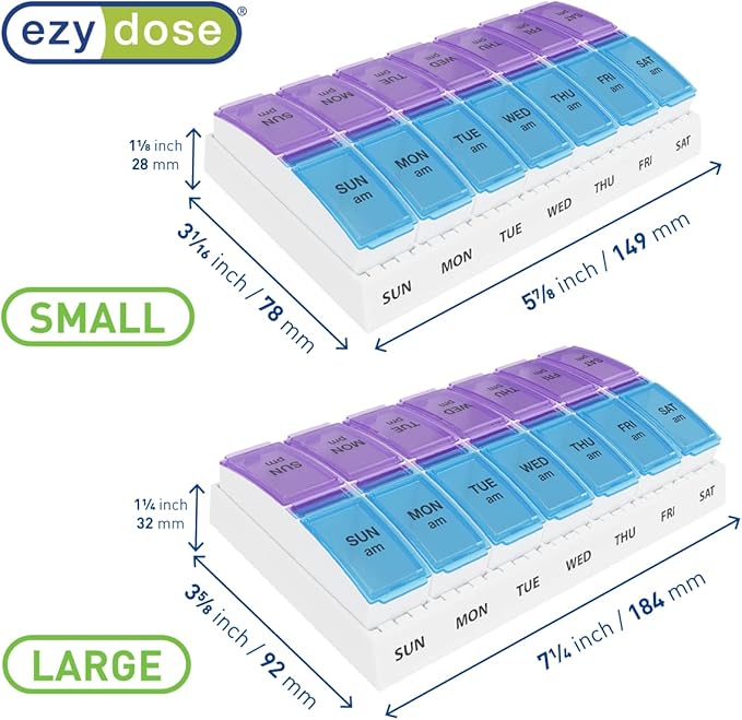 Ezy Dose 7-Day AM/PM and Weekly Pill Organizers with Push Buttons, Rounded Bottoms, Translucent Lids, Blue and Purple