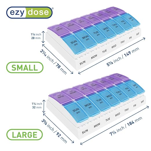 EZY DOSE Weekly AM/PM Pill Organizer, 7-Day Vitamin Container and Daily Medication Box with Large Pop-Out Compartments, 2 Times a Day Pill Holder, Blue and Purple Lids, Travel-Friendly Design