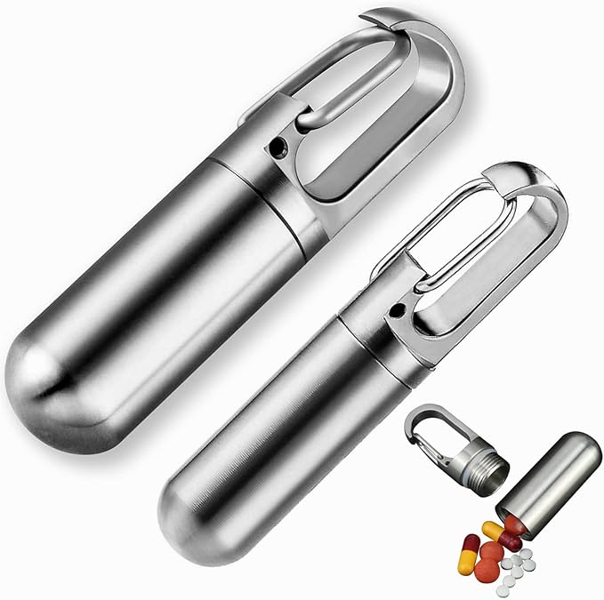 Stainless Steel Pill Box Keychain, Protable Pill Box Keychain Medicine Case Bottle, Waterproof Metal Pocket Pill Holder Medicine Bottle for Outdoor Camping Travel (M+L)