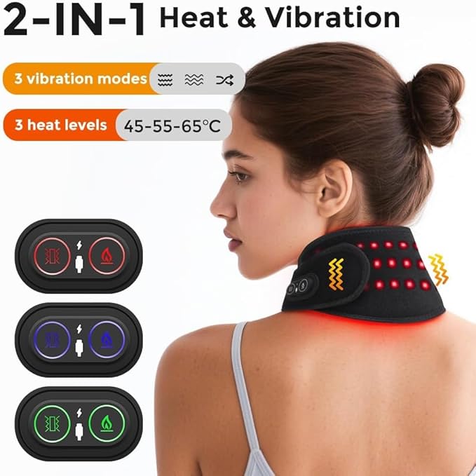 Cordless Neck Heating Pad for Pain, Neck Massager with 660nm 850nm Red Light, Heated Neck Wrap with 3000mAh Rechargeable, 3 Levels Heat & Massage, Black