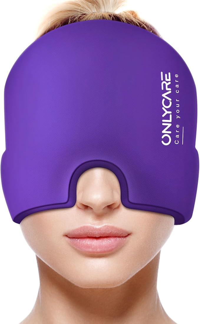 ONLYCARE Migraine Relief Cap, Soothing Headache Hat, Upgraded Odorless Gel Ice Head Wrap, Hot and Cold Therapy, Headache Ice Pack for Tension and Stress(Purple)