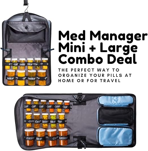 Med Manager Medicine Organizer and Portable Medical Binder, Holds (15) Pill Bottles - (11) Standard Size and (4) Large Bottles, Includes Removable 5-Tab File Folder, Red, 14 x 14 x 4 inches
