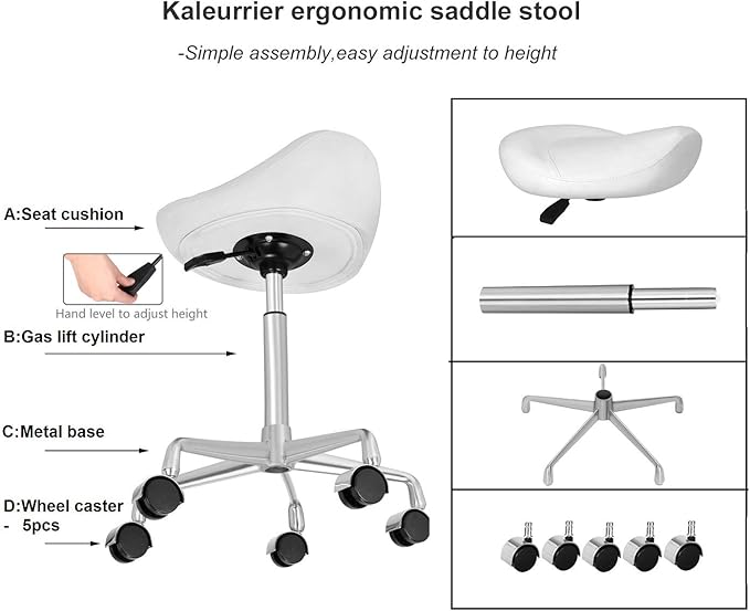 Kaleurrier Ergonomic Rolling Swivel Saddle Stool with Wheels,Hydraulic Pneumatic Lifting Height Adjustable Lightweight Chair for Clinic Hair Salon Massage Lab Kitchen Home Office (White, Without Back)