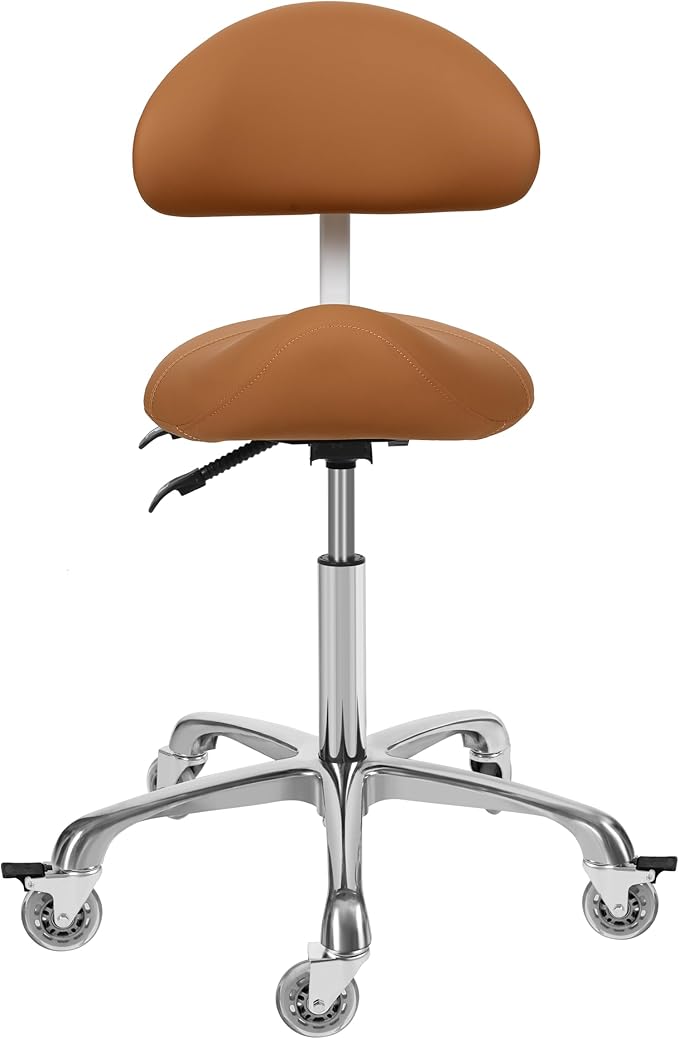 Saddle Stool Chair With Back Support - Ergonomic Rolling Saddle Stools with Wheels Heavy Duty Hydraulic Swivel Adjustable Stool Esthetician Chair for Massage Hair stylist Salon Tattoo office (Camel)