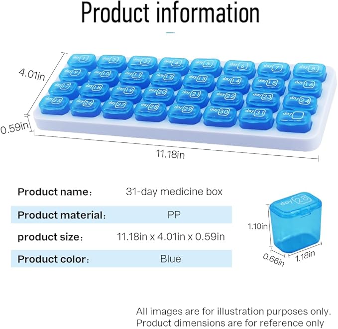 Monthly Pill Organizer, Large Travel Pill Box 31 Day, Daily Pill Case, Pill Holder Container for Vitamin, Medicine, Supplement, Fish Oil, Blue