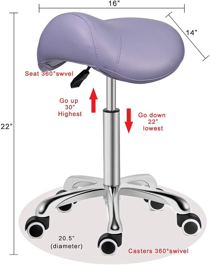 Kaleurrier Saddle Stool Rolling Swivel Height Adjustable with Wheels,Heavy Duty Saddle Chair,Ergonomic Stool Chair for Hair Salon Lab Clinic Dental Massage Home Office Kitchen (Purple, Without Back)