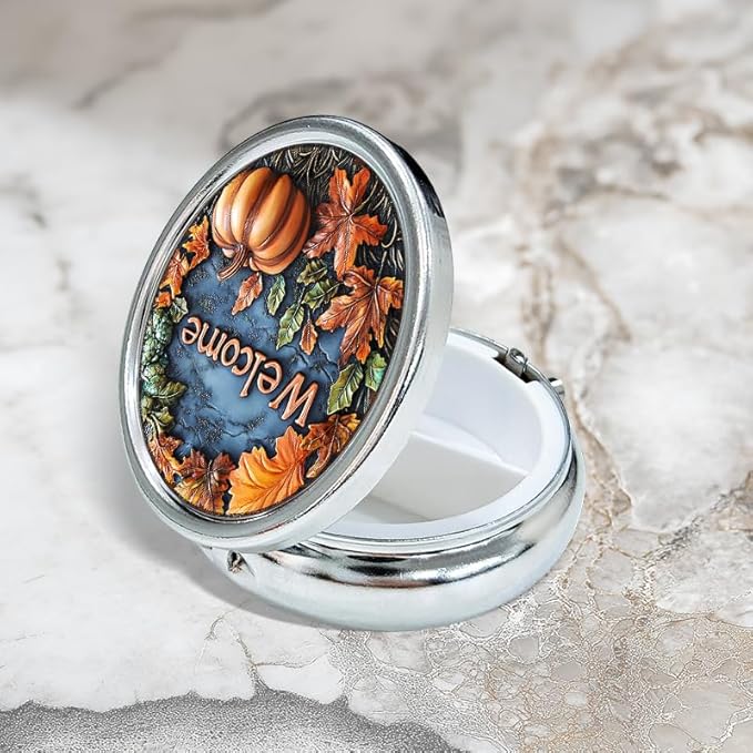 Portable Round 3 Compartment Metal Pill Box Fall Pumpkins Welcome for Kitchen Office Gathering Picnic