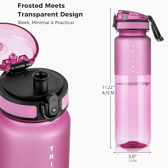32oz Water Bottle with Chug Lid, Frosted & Clear Tritan BPA-Free, Leakproof, Wide Mouth, Portable Sports Water Bottle for Gym, Office, Travel, Outdoor (Magenta)