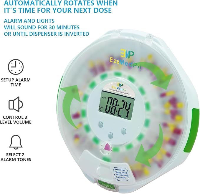 EziMedPil Automatic Pill Dispenser w/Sound & Light & Alarm, up to 6 Alarms/Day, 9 Dosage Templates, Easy-Read Display, Locked 28-Day Frosted Lid Medication Dispenser for Protecting Pills Privacy