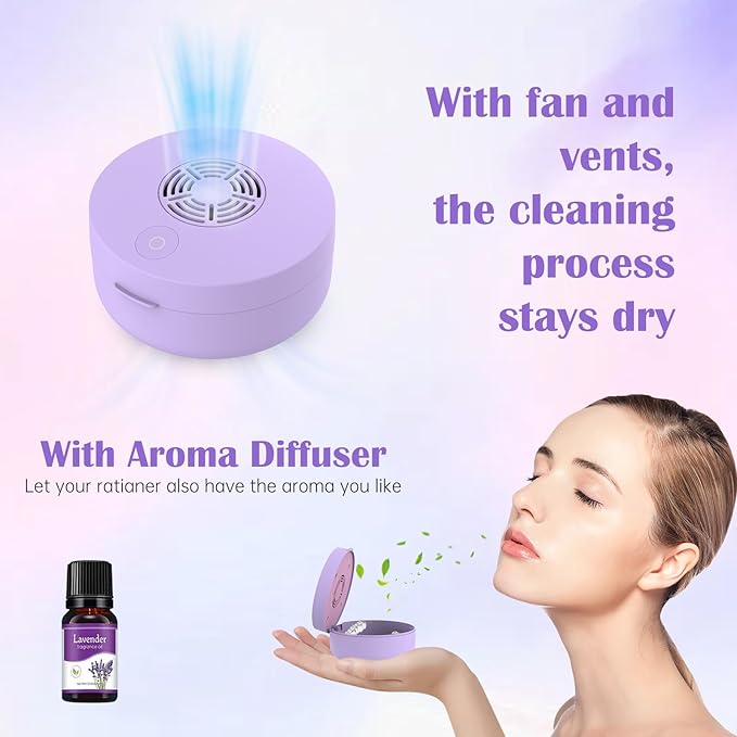 Voraiya UV Retainer Case with Fan, UVC Retainer Cleaner, Aligner Case Includes Vent Holes and Mirror, Portable Retainer Holder Box for Mouth Guard, Aligners, Night Guard, Purple