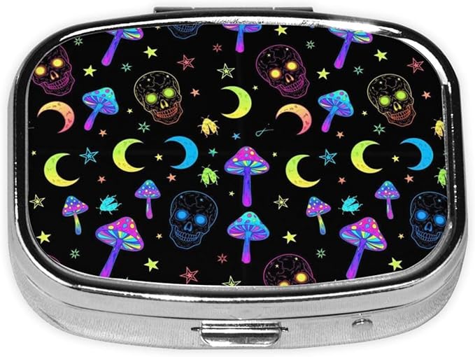 2 Compartments Travel Pill Organizer Daily Pill Case Goth Moon Mushrooms and Human Skulls Small Pill Box for Pocket Purse Portable Pill Container Medicine Vitamin Organizer