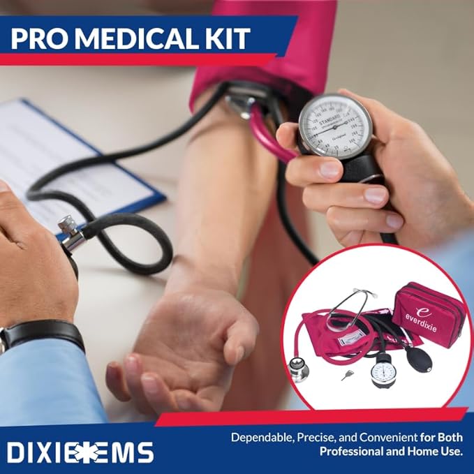 Dixie EMS Aneroid Sphygmomanometer and Dual Head Stethoscope Set with Adult Size Blood Pressure Cuff, Calibration Key and Carrying Case – Pink