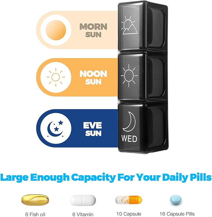 Weekly Pill Organizer 7 Day 3 Times, Portable Pill Organizer, BPA Free Pill Case, Travel Daily Pill Box Reminder, Medication Organizer for Vitamins, Supplements (Black1)