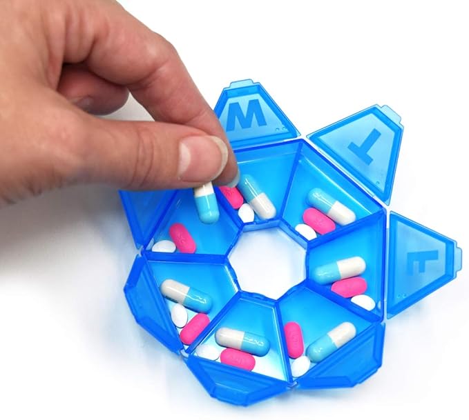 Pillthing Weekly 7 Sided Pill Organzier 3 pack 1 each of Blue Green Purple. Small Pill Box for Travel with Medical Alert Card