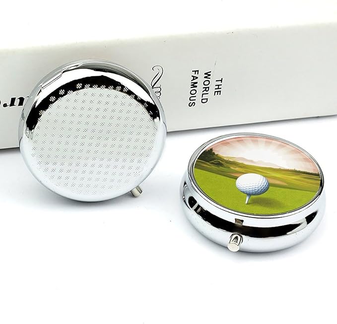 Golf Sport Pill Box Travel Pill Case for Purse Pocket Weekly Medicine Organizer with Mirror 3 Compartment Round Medicine Case Portable PillcaseHolder for Daily