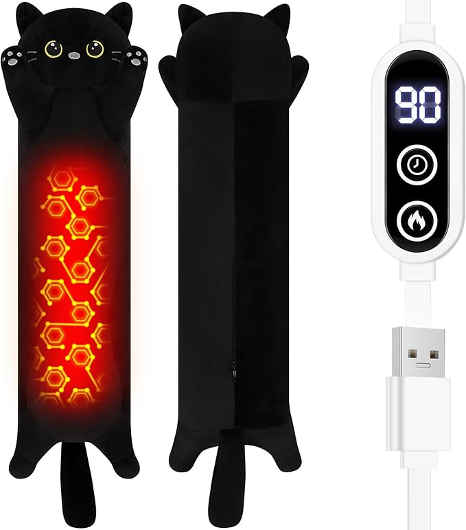 Cat Heating Pad-USB Heated Plush Stuffed Animals for Period Cramps and Menstrual Pain Relief,22” Portable Electric Kitten Heating Pads,Built-Pocket Plushies Women Girls Birthday Gift,Black