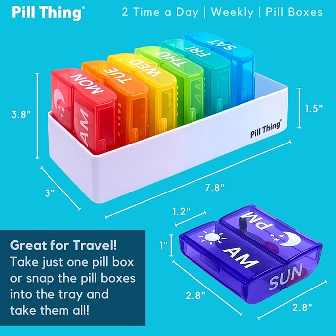 6 Times a Day, 7 Day Large Weekly Pill Organizer with Holder Tray, Vitamin, Medicine Box, Multicolor with Medical Alert Card (2X a Day - 2 Pack)
